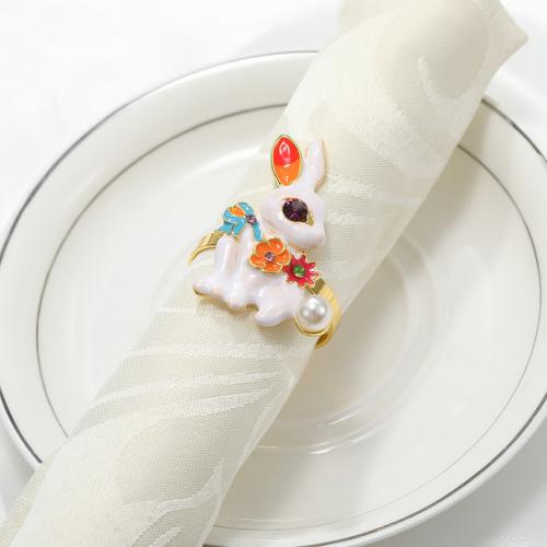 Zinc Alloy Napkin Ring with Plastic Pearl Rabbit gold color plated enamel & with rhinestone white Sold By PC