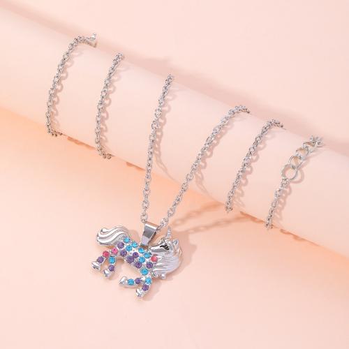 Tibetan Style Jewelry Necklace, with 5CM extender chain, Unicorn, silver color plated, for woman & with rhinestone, multi-colored, 27x25mm, Length:45 cm, Sold By PC