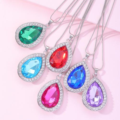 Zinc Alloy Jewelry Necklace with Gemstone Chips Teardrop silver color plated for woman & with rhinestone Sold By PC