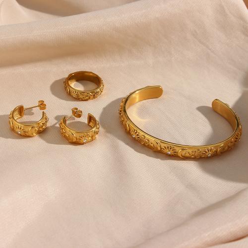 زركون الفولاذ المقاوم للصدأ مجموعات المجوهرات, 304 الفولاذ المقاوم للصدأ, 18K الذهب مطلي, أنماط مختلفة للاختيار & الصغرى تمهيد زركون & للمرأة, النيكل والرصاص والكادميوم الحرة, Ring: 0.6cm wide; Bracelet: 67x5cm; Ear loop: 2.1x0.8cm., تباع بواسطة PC