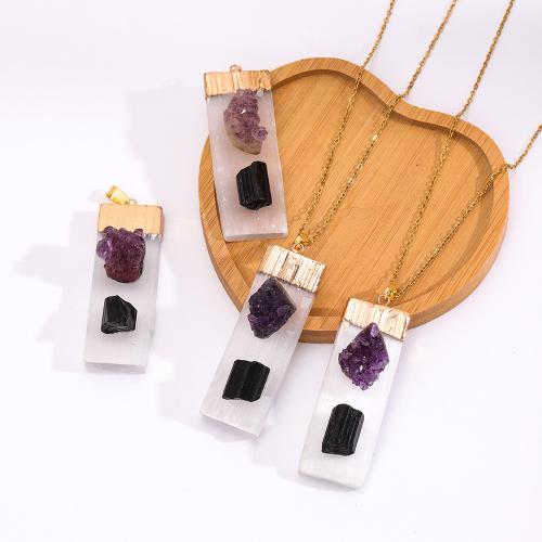 Natural Gemstone Necklace Gypsum Stone with Obsidian & Amethyst & Brass Rectangle gold color plated fashion jewelry & Unisex 50mm Length Approx 45 cm Sold By PC