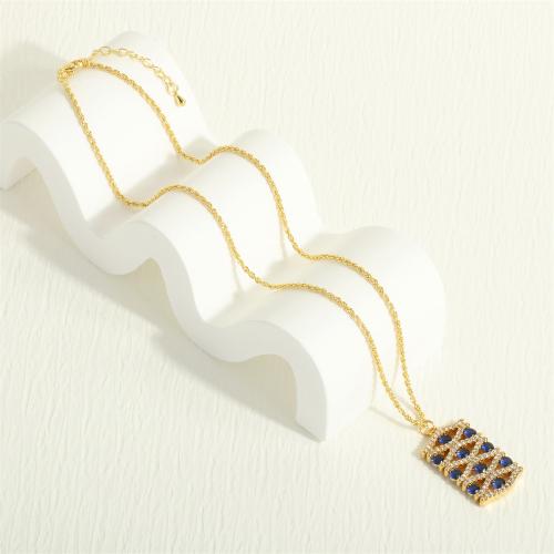 Cubic Zircon Micro bane messing halskæde, med 5cm extender kæde, guldfarve belagt, mode smykker & Micro Pave cubic zirconia & for kvinde & hule, blå, nikkel, bly & cadmium fri, 19x32x3mm, Længde Ca. 45 cm, Solgt af PC