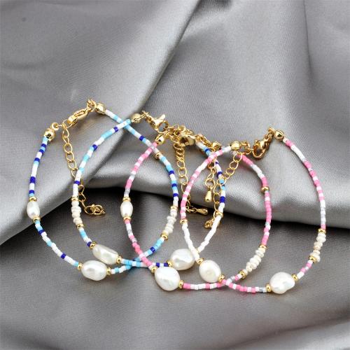 Bracelet de perles de verre, Seedbead, avec perle d'eau douce cultivée & laiton, Placage de couleur d'or, bijoux de mode & pour femme, plus de couleurs à choisir, protéger l'environnement, sans nickel, plomb et cadmium, 7x9mm, Longueur Environ 16-22 cm, Vendu par PC