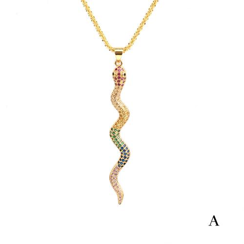 Cubic Zircon Micro bane messing halskæde, Snake, guldfarve belagt, mode smykker & forskellige stilarter for valg & Micro Pave cubic zirconia & for kvinde, flere farver til valg, nikkel, bly & cadmium fri, Længde Ca. 45 cm, Solgt af PC