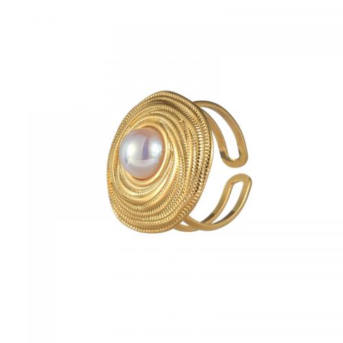Titanium Steel Finger Ring with Plastic Pearl 18K gold plated fashion jewelry & for woman nickel lead & cadmium free Sold By PC
