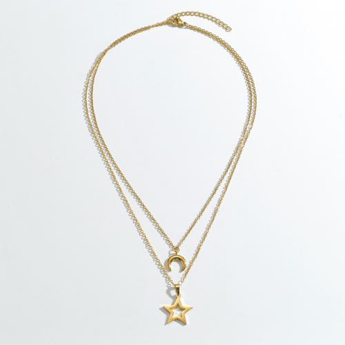 Stainless Steel Jewelry Necklace 304 Stainless Steel with 5cm extender chain Moon and Star 18K gold plated Double Layer & fashion jewelry & for woman nickel lead & cadmium free Length Approx 39 cm Approx 44 cm Sold By PC