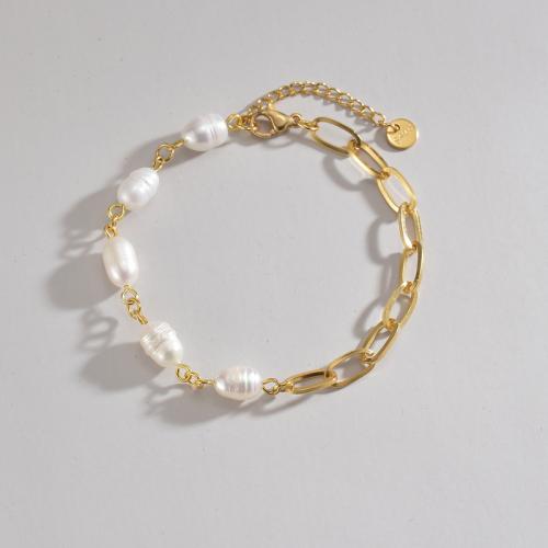 Stainless Steel Jewelry Bracelet, 304 Stainless Steel, with Plastic Pearl, with 3cm extender chain, 14K gold plated, fashion jewelry & for woman, nickel, lead & cadmium free, Length:Approx 17.5 cm, Sold By PC