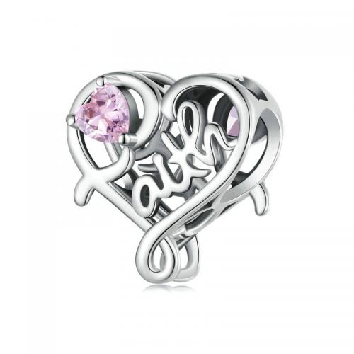 925 Sterling Silver Beads Heart DIY & micro pave cubic zirconia & large hole nickel lead & cadmium free Sold By PC