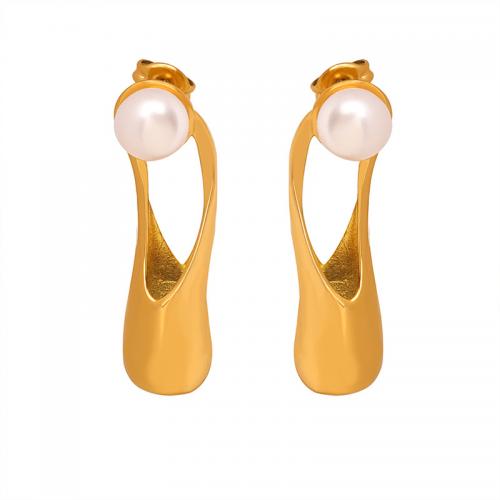 Titanium Steel  Earring, with Freshwater Pearl, 18K gold plated, fashion jewelry & for woman, golden, 31x9mm, Sold By Pair