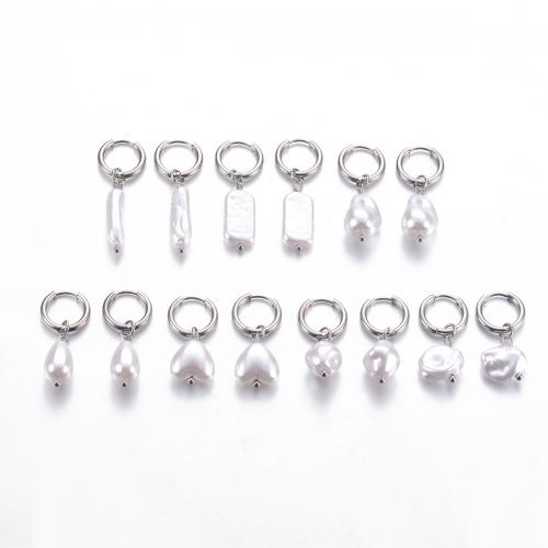 Huggie Hoop Drop Earring 304 Stainless Steel with Plastic Pearl fashion jewelry & for woman Sold By Pair