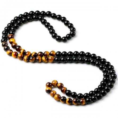 Natural Gemstone Necklace, Tiger Eye, with Black Stone, Round, fashion jewelry & different size for choice, black, 107PCs/Strand, Sold By Strand