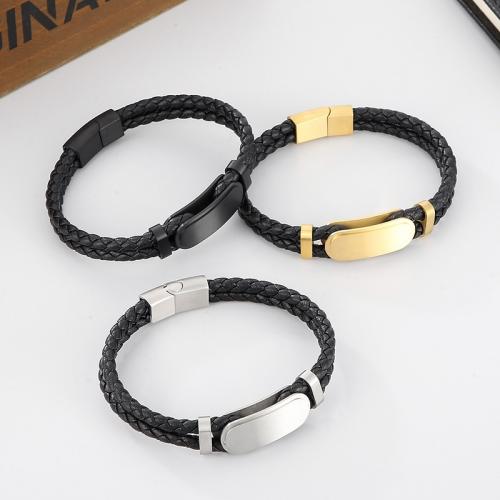 Leather Cord Bracelet, Faux Leather, with 304 Stainless Steel, plated, fashion jewelry & for man, more colors for choice, wide:4mm, Length:Approx 215 mm, Sold By PC