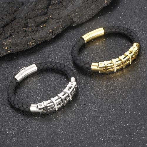Cowhide Bracelet 304 Stainless Steel with Split Layer Cowhide Leather plated fashion jewelry & for man & with rhinestone nickel lead & cadmium free mm Sold By PC