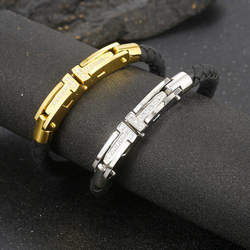 Cowhide Bracelet, 304 Stainless Steel, with Split Layer Cowhide Leather, plated, fashion jewelry & different length for choice & for man & with rhinestone, more colors for choice, nickel, lead & cadmium free, wide:8mm, Sold By PC