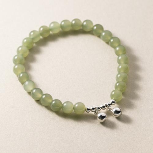 925 Sterling Silver Bangle Bracelet, with Hetian Jade & Elastic Thread, handmade, for woman, green, Length:Approx 14-23 cm, Sold By PC