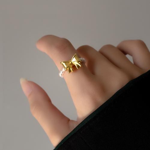 Ezüst ékszer Finger Ring, 925 Ezüst, -val Shell Pearl & Rugalmas Téma, galvanizált, a nő, aranysárga, Méret:12, Által értékesített PC