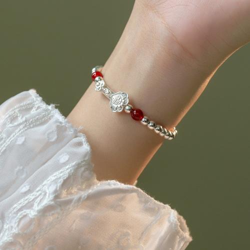 Bracelets en argent sterling, argent sterling 925, avec fil élastique & agate rouge, fait à la main, pour femme, argent, Longueur:Environ 15-23 cm, Vendu par PC