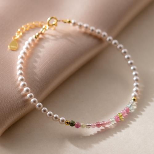 925 Sterling Silver Bangle Bracelet, with Shell Pearl & Tourmaline, with 4CM extender chain, plated, for woman, white, Length:Approx 15 cm, Sold By PC