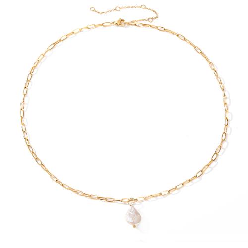 Stainless Steel Jewelry Necklace, 316 Stainless Steel, with Freshwater Pearl, with 8cm extender chain, Teardrop, Vacuum Ion Plating, fashion jewelry & for woman, golden, nickel, lead & cadmium free, 10x12mm, Length:Approx 42 cm, Sold By PC