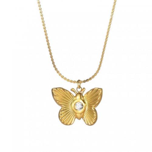 Titanium Steel Necklace, Butterfly, 18K gold plated, fashion jewelry & micro pave cubic zirconia & for woman, nickel, lead & cadmium free, Length:Approx 44 cm, Sold By PC