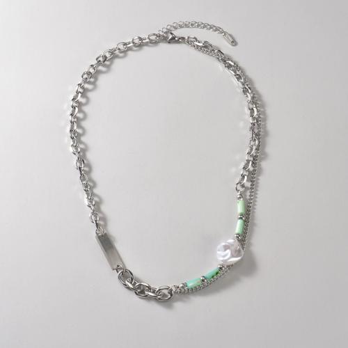 Pullover Kette Halskette, Titanstahl, mit Jade & Kunststoff Perlen, mit Verlängerungskettchen von 5cm, poliert, Doppelschicht & Modeschmuck & für Frau, frei von Nickel, Blei & Kadmium, Länge ca. 45 cm, verkauft von PC