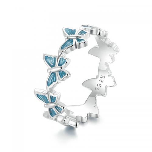 Solidny srebrny pierścień, 925 Srebro, Motyl, biżuteria moda & różnej wielkości do wyboru & dla kobiety & emalia, niebieski, bez zawartości niklu, ołowiu i kadmu, sprzedane przez PC