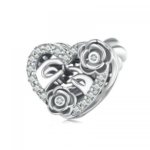925 Sterling Silver Beads, Heart, DIY & micro pave cubic zirconia & large hole, nickel, lead & cadmium free, 11x13mm, Sold By PC