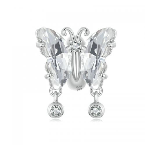 Perles en argent sterling 925, avec verre, papillon, DIY & pavé de micro zircon & grand trou, protéger l'environnement, sans nickel, plomb et cadmium, 15x13mm, Vendu par PC