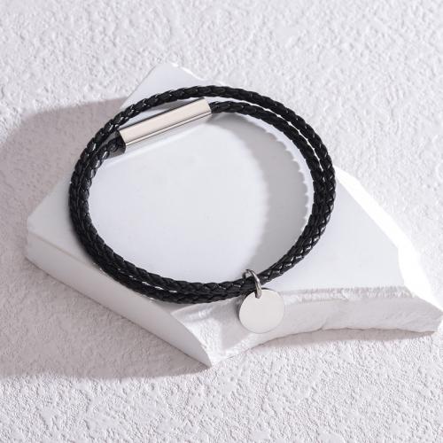 Titan Edelstahl Armband, Titanstahl, mit Lederband, Doppelschicht & Modeschmuck & für Frau, schwarz, frei von Nickel, Blei & Kadmium, Innendurchmesser:ca. 6mm, verkauft von PC
