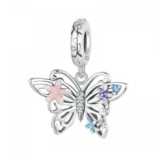 Cubic Zirconia Micro Pave 925 Sterling Silver Pendant, Butterfly, DIY & micro pave cubic zirconia & enamel, nickel, lead & cadmium free, 22x19mm, Hole:Approx 4.5mm, Sold By PC