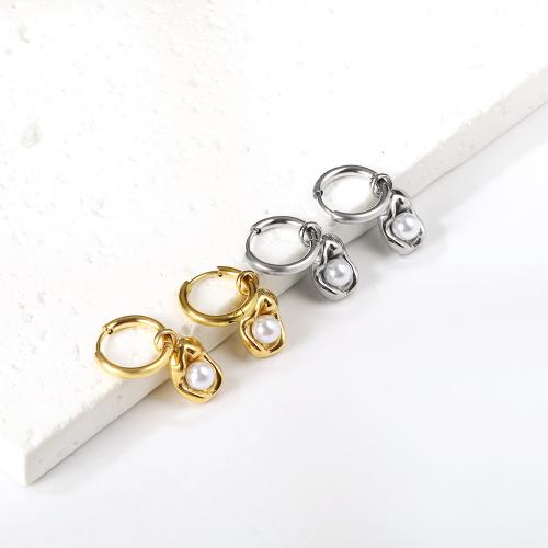 Huggie Hoop Drop Earring 304 Stainless Steel with Plastic Pearl Vacuum Ion Plating fashion jewelry & for woman Sold By Pair