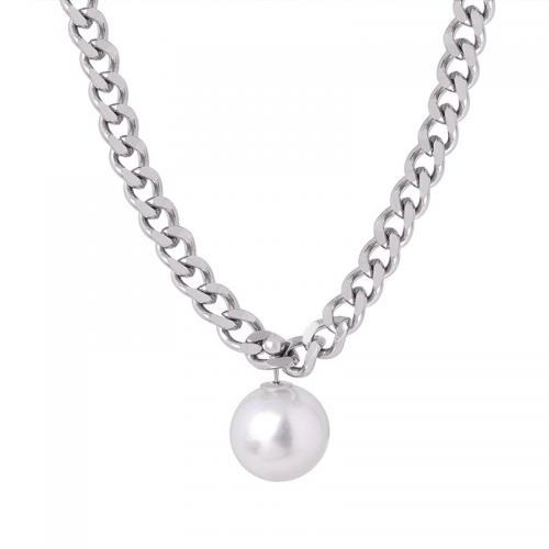 Colar de aço titânio, Partículas de aço, with Shell Pearl, with 5cm extender chain, joias de moda & para mulher, 14mm, comprimento Aprox 40 cm, vendido por PC