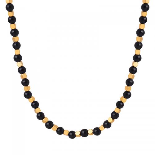Titanium Steel Necklace, with Black Agate, with 7cm extender chain, 18K gold plated, fashion jewelry & for woman, golden, Length:Approx 40 cm, Sold By PC