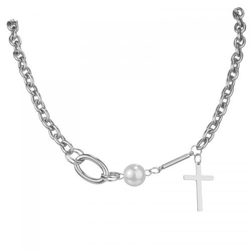 Nehrđajućeg čelika, nakit ogrlice, 304 nehrđajućeg čelika, s Plastična Pearl, uglađen, modni nakit & za žene, izvorna boja, nikal, olovo i kadmij besplatno, Dužina Približno 38 cm, Prodano By PC