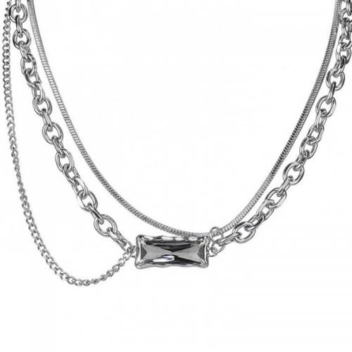 Rustfrit stål smykker halskæde, 304 rustfrit stål, med 6cm extender kæde, poleret, Dobbelt lag & for kvinde & med rhinestone, oprindelige farve, nikkel, bly & cadmium fri, Længde Ca. 36 cm, Ca. 38 cm, Solgt af PC