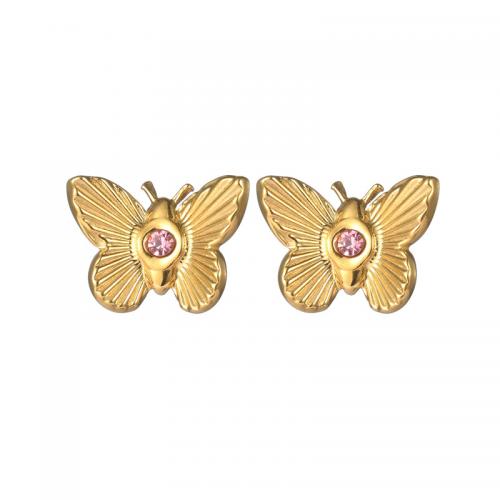 Stainless Steel Stud Earrings 304 Stainless Steel Butterfly 18K gold plated fashion jewelry & micro pave cubic zirconia & for woman nickel lead & cadmium free Sold By Pair