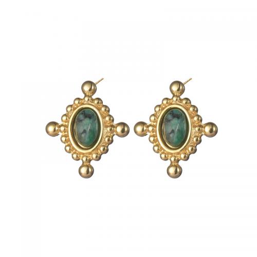 Boucle d'oreille Acier Titane, avec turquoise, bijoux de mode & pour femme, doré, protéger l'environnement, sans nickel, plomb et cadmium, 15x13mm, Vendu par paire