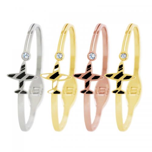 Stainless Steel Bangle, 304 Stainless Steel, Airplane, plated, micro pave cubic zirconia & for woman & enamel, more colors for choice, Inner Diameter:Approx 60mm, Sold By PC