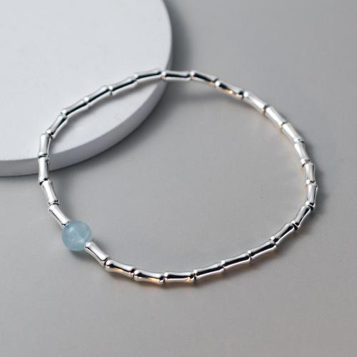 925 Sterling Silver Bangle Bracelet with Elastic Thread & Aquamarine handmade for woman silver color Length Approx 16-25 cm Sold By PC