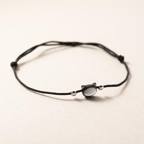 925 Sterling Silver Bangle Bracelet with Wax Cord & Cats Eye handmade for woman black Length Approx 23 cm Sold By PC