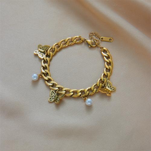 Edelstahl Schmuck Armband, 304 Edelstahl, mit Kunststoff Perlen, 18K vergoldet, Modeschmuck & für Frau, Goldfarbe, frei von Nickel, Blei & Kadmium, Länge:ca. 18 cm, verkauft von PC