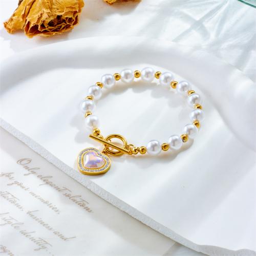 Edelstahl Schmuck Armband, 304 Edelstahl, mit Strass & Kunststoff Perlen, Modeschmuck & für Frau & mit Strass, goldfarben, frei von Nickel, Blei & Kadmium, Länge:ca. 16 cm, verkauft von PC