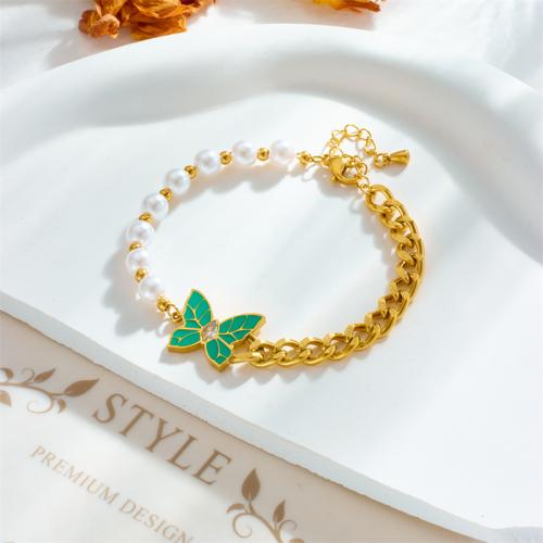 Edelstahl Schmuck Armband, 304 Edelstahl, mit Kunststoff Perlen, Modeschmuck & für Frau & Emaille, goldfarben, frei von Nickel, Blei & Kadmium, Länge:ca. 20 cm, verkauft von PC