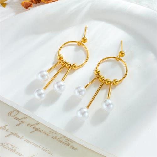 Edelstahl Tropfen Ohrring, 304 Edelstahl, mit Kunststoff Perlen, Modeschmuck & für Frau, goldfarben, frei von Nickel, Blei & Kadmium, 55mm, verkauft von Paar