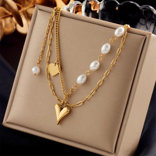 Edelstahl Schmuck Halskette, 304 Edelstahl, mit Kunststoff Perlen, Doppelschicht & Modeschmuck & für Frau, goldfarben, frei von Nickel, Blei & Kadmium, Länge:ca. 45 cm, verkauft von PC