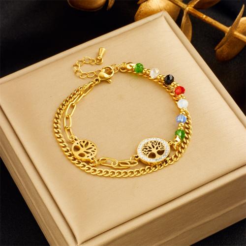 Stainless Steel Jewelry Bracelet 304 Stainless Steel with Crystal & Rhinestone Double Layer & fashion jewelry & for woman & with rhinestone golden nickel lead & cadmium free Sold By PC