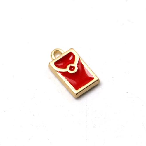 Tibetan Style Enamel Pendants, Rectangle, gold color plated, DIY, red, nickel, lead & cadmium free, 7x13x2.20mm, Approx 100PCs/Bag, Sold By Bag