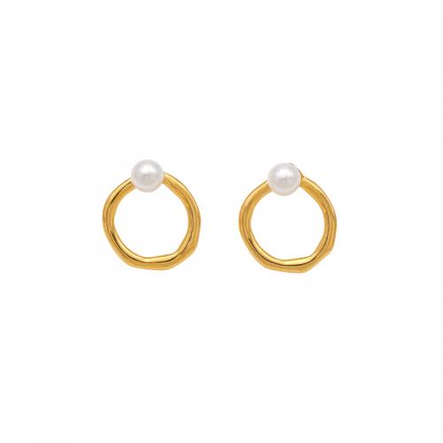Titanium Steel  Earring, with Plastic Pearl, fashion jewelry & for woman, golden, 18x2mm, Sold By Pair