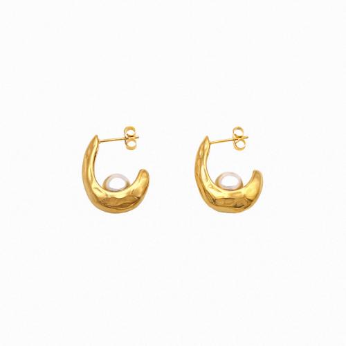 Boucle d'oreille Acier Titane, avec perle de plastique, bijoux de mode & pour femme, doré, 18x23mm, Vendu par paire