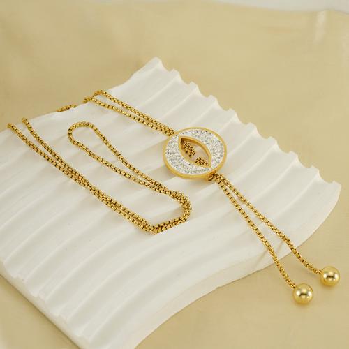 Aço inoxidável camisola cadeia colar, Aço inoxidável 304, joias de moda & para mulher & com strass, dourado, 27x27mm, comprimento Aprox 73 cm, vendido por PC